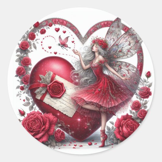 Valentine's Day Fairy Heart Red White Ronde Sticker (Voorkant)