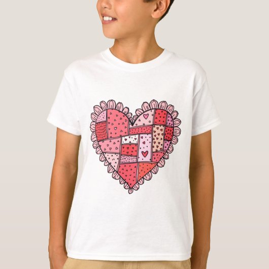 Valentine's Day Faux Patchwork Heart Doodle Kids T-shirt (Voorkant)