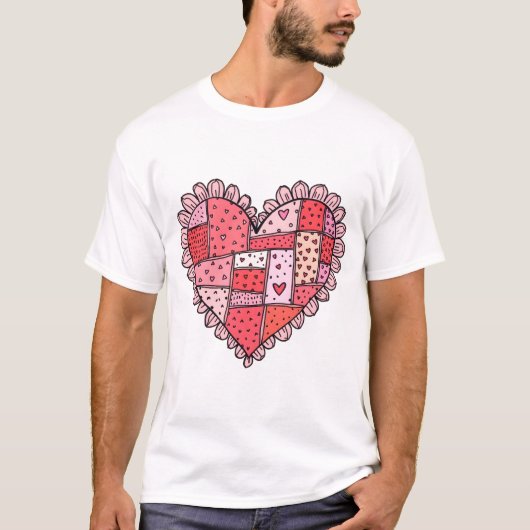 Valentine's Day Faux Patchwork Heart Doodle Style T-shirt (Voorkant)