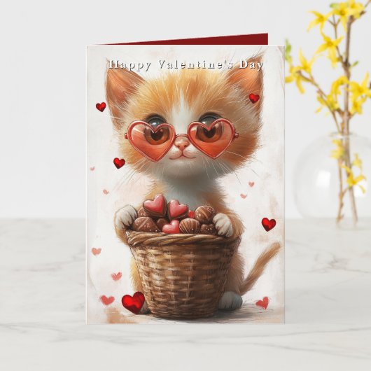 Valentine's Day Ginger Cat Basket Hearts  Kaart (Gele Bloem)