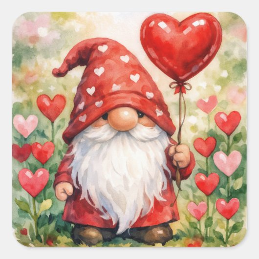 Valentine's Day Gnome with Red Heart Balloon Vierkante Sticker (Voorkant)