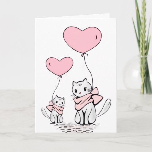 Valentine's Day Greeting Card Cat Pink Hearts  Feestdagen Kaart (Voorkant)