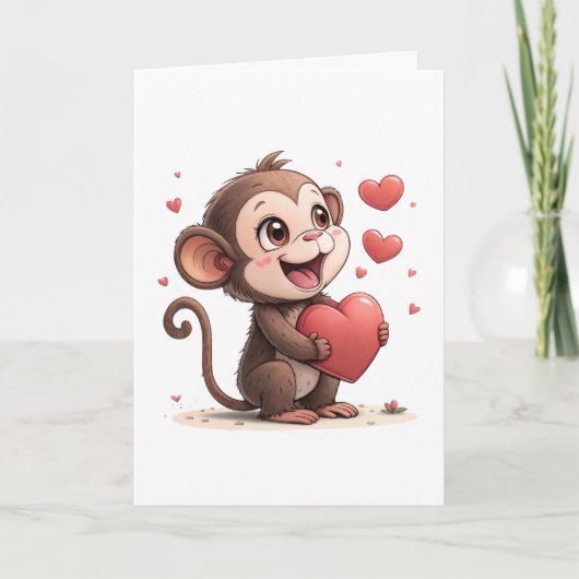 Valentine's Day Greeting Card Monkey Red Hearts Feestdagen Kaart (Voorkant)