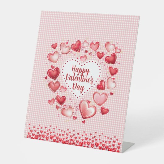Valentine's Day Hearts and Gingham Check Reclamebord Met Voetstuk (Voorkant)