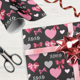 Valentine's Day Hearts and Ribbons Pink Red Black Cadeaupapier