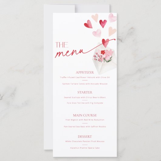 Valentines Day Hearts Food and Drinks Menu Card (Voorkant)