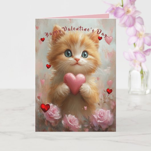 Valentine's Day Kitten Red Hearts Pink Roses Kaart (Orchidee)