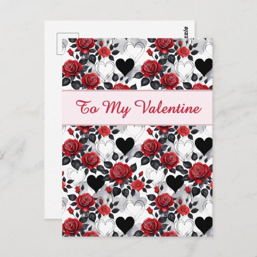 Valentine's Day Patterned Roses and Hearts Briefkaart (Voorkant / Achterkant)