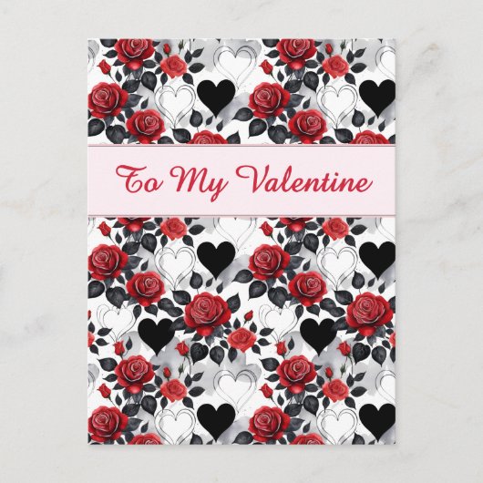 Valentine's Day Patterned Roses and Hearts Briefkaart (Voorkant)