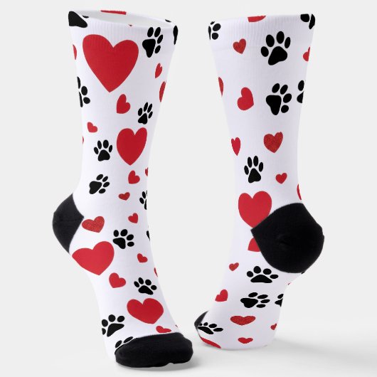 Valentine's Day Paw Prints and Red Hearts Pattern Sokken (Gebogen)