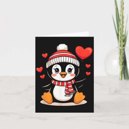 Valentine's Day Penguin Heart Balloon Cute  Kaart (Voorkant)