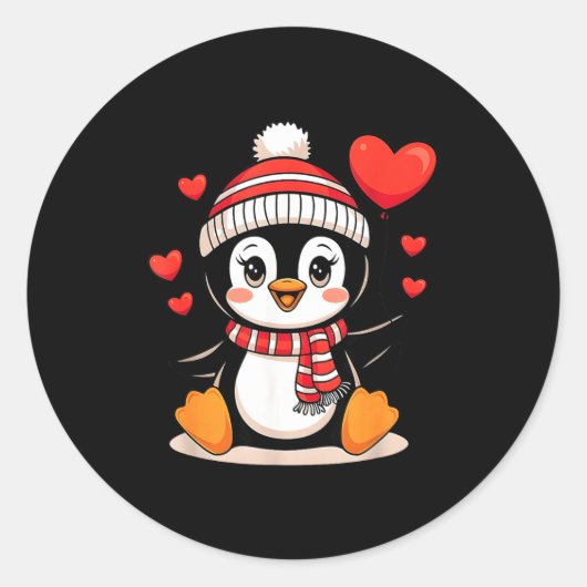 Valentine's Day Penguin Heart Balloon Cute Ronde Sticker (Voorkant)