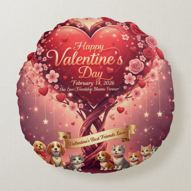 Valentine's Day Pets Lover's Floral Round Pillow Rond Kussen (Voorkant)