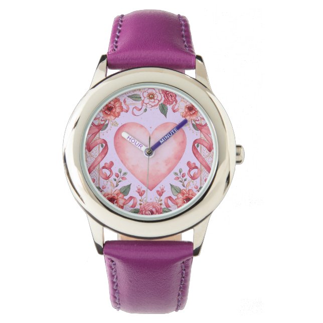 Valentine's Day,Pink Love Heart,Soft Purple Backgr Horloge (Voorkant)