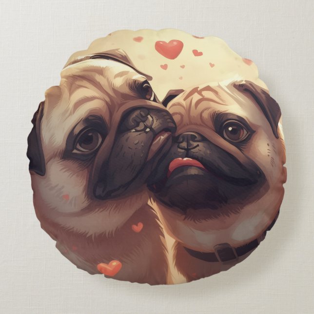 Valentine's Day Pug Love Round Pillow Rond Kussen (Voorkant)
