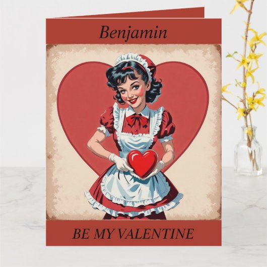 VALENTINE'S DAY Retro Dienstmeisje bewerkbare vouw Kaart (Gele Bloem)