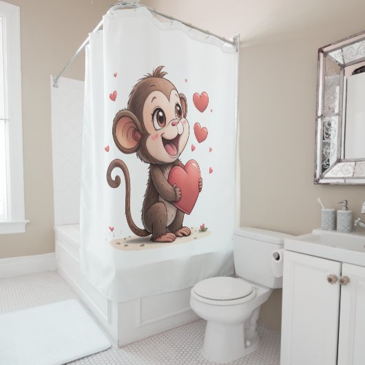 Valentine's Day Shower Curtain, Monkey Red Heart Douchegordijn (In situ)