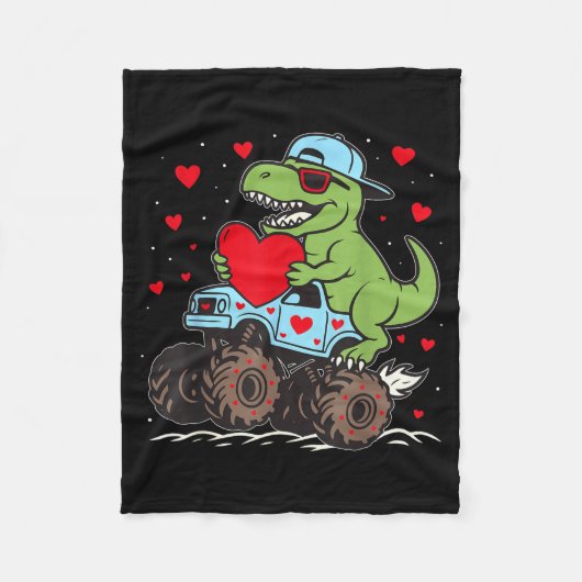 Valentines Day T Rex Riding Monster Truck Funny To Fleece Deken (Voorkant)