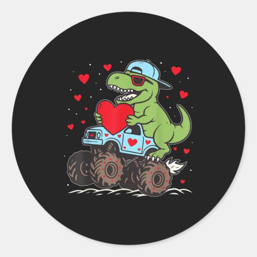 Valentines Day T Rex Riding Monster Truck Funny To Ronde Sticker (Voorkant)