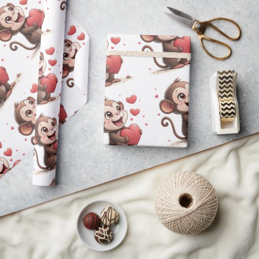 Valentine's Day Wrapping Paper Monkey Red Hearts Cadeaupapier (Crafts)