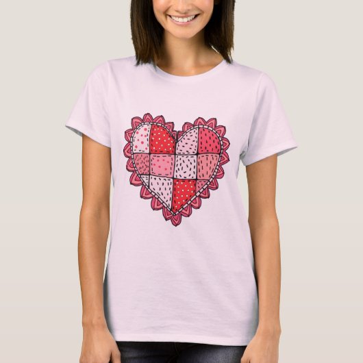 Valentine's Doodle Art Style Faux Patchwork Heart T-shirt (Voorkant)