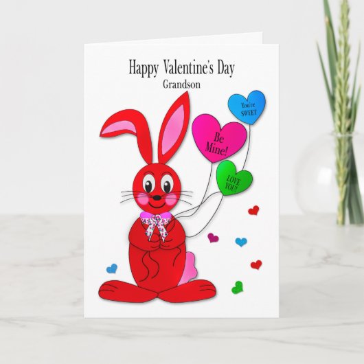 Valentines Grandson Red Bunny Heart Balloons Card Kaart (Voorkant)