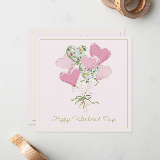 Valentine's Heart Pink and Green Heart Balloons Notitiekaartje (Voorkant / Achterkant in situ)