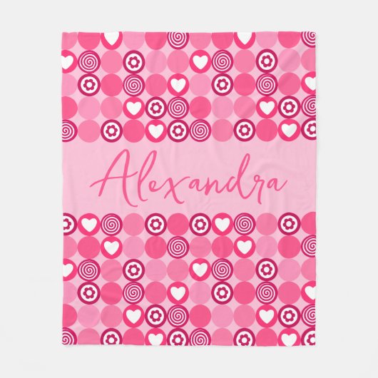 Valentines Mooie Roze Hart- en Bloempatroon Naam Fleece Deken (Voorkant)