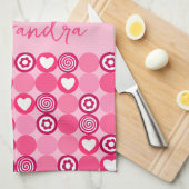 Valentines Mooie Roze Hart- en Bloempatroon Naam Theedoek (Quarter Fold)