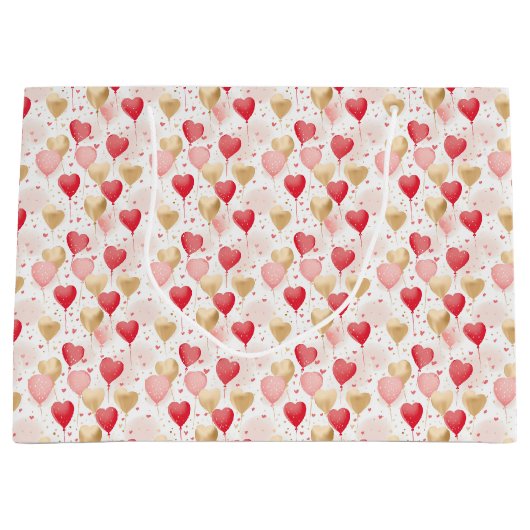 Valentine's Pink Red Gold Heart Balloons Pattern Groot Cadeauzakje (Voorkant)