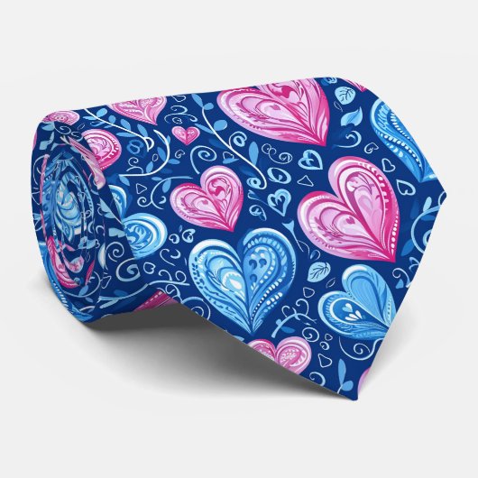 Valentine's Pretty Blue and Pink Hearts Stropdas (Opgerold)