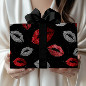 Valentines Red Silver Glitter Lips on Black  Cadeaupapier