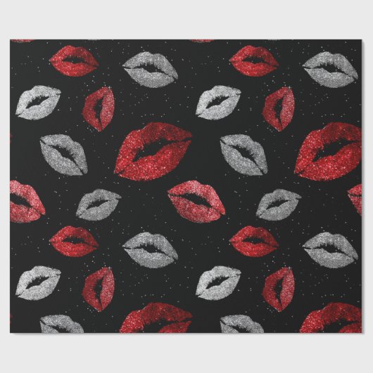 Valentines Red Silver Glitter Lips on Black  Cadeaupapier (Vlak)