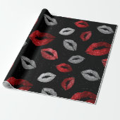 Valentines Red Silver Glitter Lips on Black  Cadeaupapier (Uitgerold)