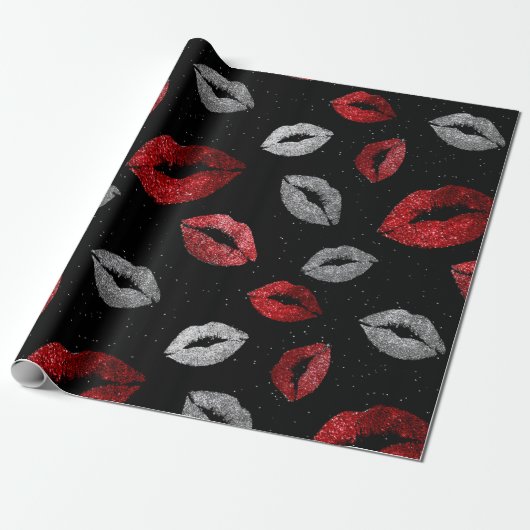 Valentines Red Silver Glitter Lips on Black  Cadeaupapier (Uitgerold)