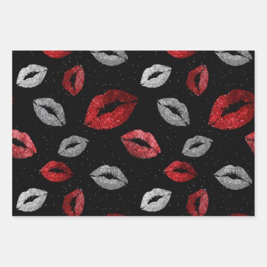 Valentines Red Silver Glitter Lips on Black  Inpakpapier Vel (Voorkant 3)