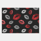 Valentines Red Silver Glitter Lips on Black  Inpakpapier Vel (Voorkant)