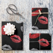 Valentines Red Silver Glitter Lips on Black  Inpakpapier Vel