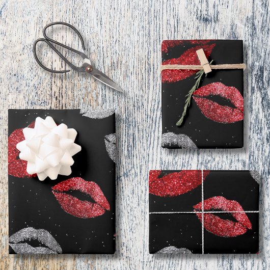 Valentines Red Silver Glitter Lips on Black  Inpakpapier Vel