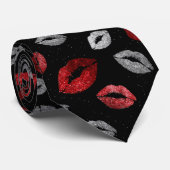 Valentines Red Silver Glitter Lips on Black  Stropdas (Opgerold)