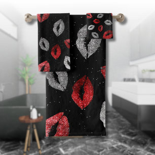 Valentines Rode Zilver Glitter Lippen op Zwart Bad Handdoek