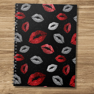 Valentines Rode Zilver Glitter Lippen op Zwart Notitieboek