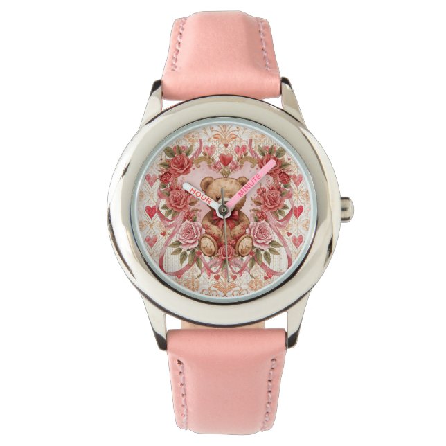 Valentine's ,Teddy Bear,Pink Love Heart and Flower Horloge (Voorkant)