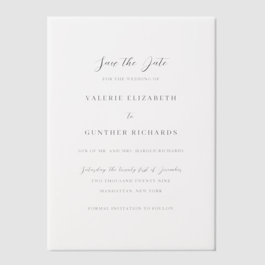 Valerie Traditionele bruiloft Save the Date Vellum Uitnodigingen (Voorkant)