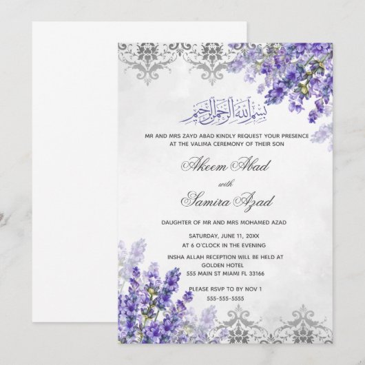 Valima Ceremonie Huwelijksuitnodiging Lavenders Kaart (Voorkant / Achterkant)