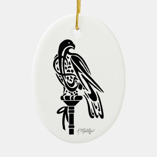 Valk op Blokstok Keramisch Ornament (Voorkant)