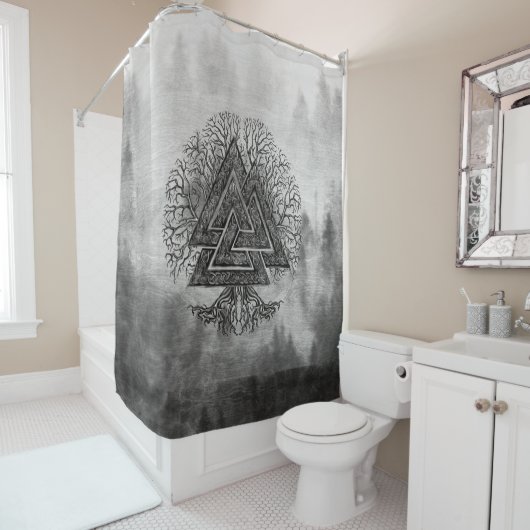 Valknut and Tree of Life Yggdrasil Douchegordijn (In situ)