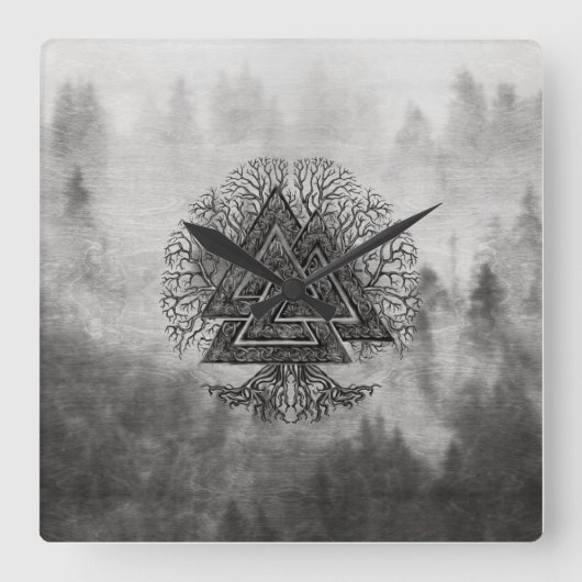 Valknut and Tree of Life Yggdrasil Vierkante Klok (Voorkant)