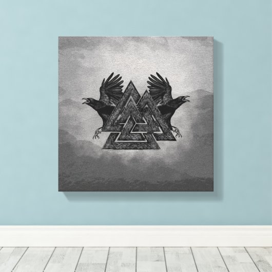 Valknut Symbol en Ravens Canvas Afdruk (Insitu (Houten vloer))