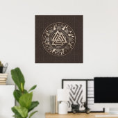 Valknut Symbool - bruin leder en goud Poster (Thuiskantoor)